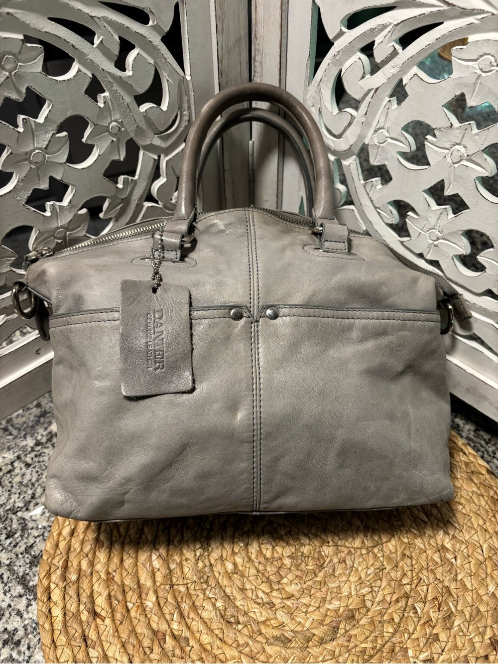 Danier Grey Leather Duffel Satchel - Picture 2 of 14